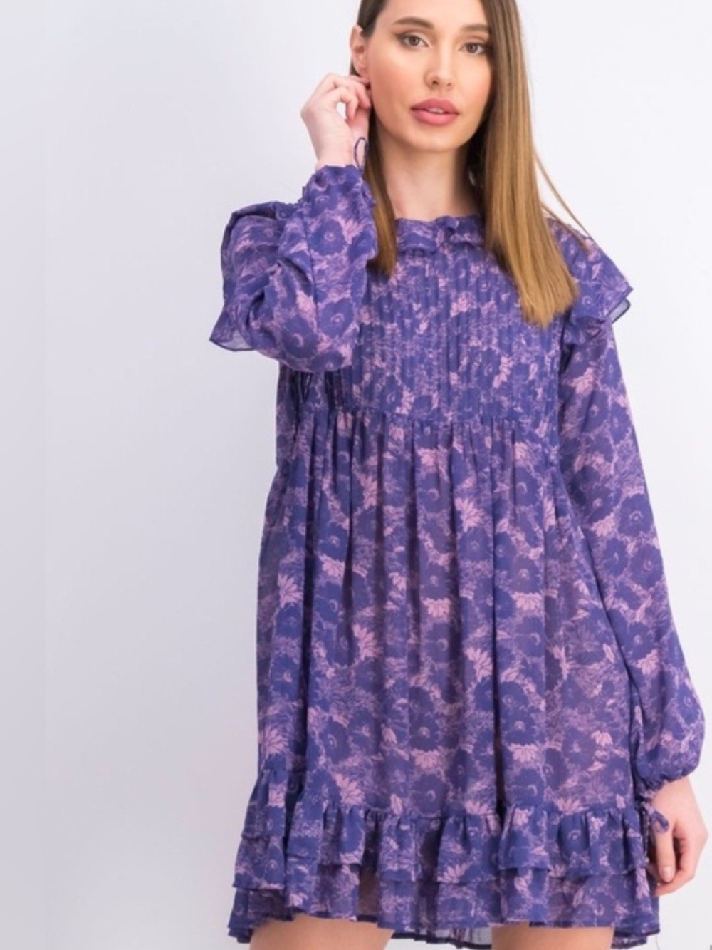 Free People Purple Floral Ruffle Mini Dress